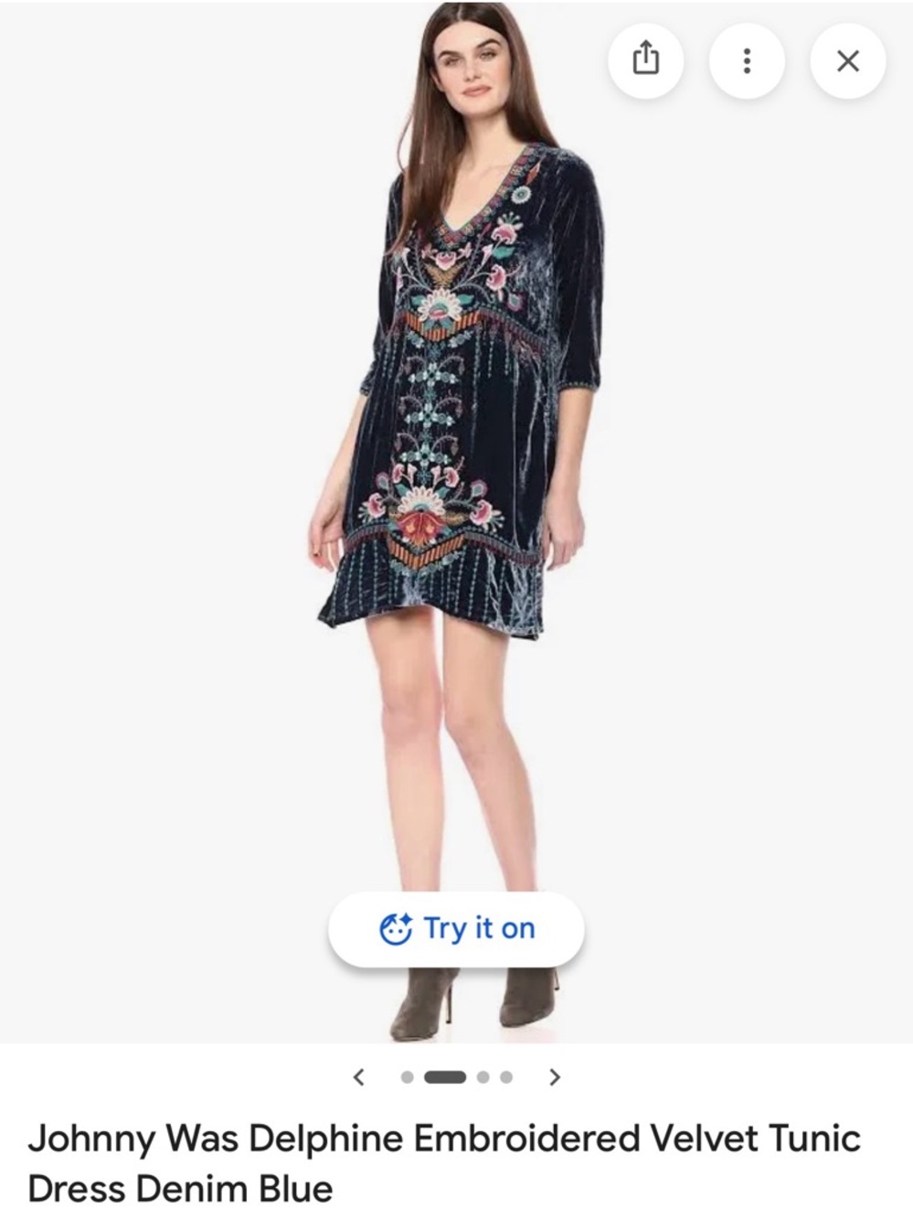 Johnny Was Navy Velvet Embroidered V-Neck Mini Dress XL